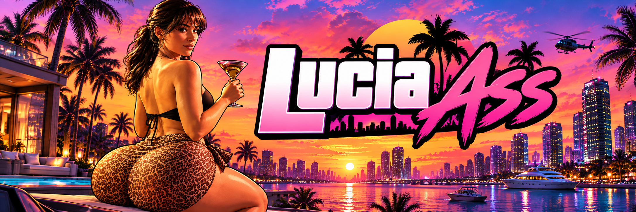 Lucia seated on a ledge over a neon waterfront at sunset, cocktail in hand, looking back over her shoulder.